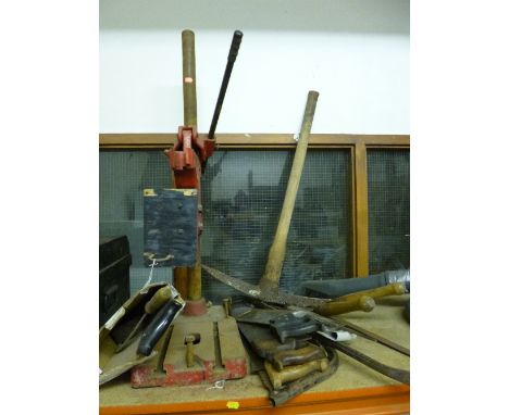 A DRILL STAND, and a quantity of hand tools including various saws