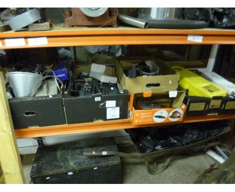 FIVE BOXES OF MISCELLANEOUS, including radios, tools etc