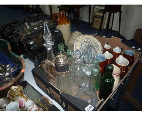 VARIOUS GLASS DECANTERS, bottles, ceramic jugs, stoneware flagons, Delft Bols ornaments, 'Olympia' typewriter etc