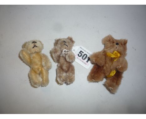 THREE MINIATURE TEDDY BEARS, probably German possibly Steiff or Schuco, do not appear to be perfume bottles, jointed bodies, 
