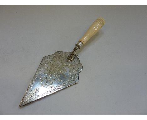 AN IVORY HANDLED SILVER COLLARED EPNS PRESENTATION TROWEL, dated 1902, Birmingham 1901