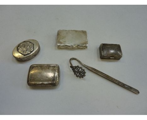 A VICTORIAN SILVER SNUFF BOX, maker H J, Birmingham 1885, together with three other white metal boxes and covers and a hook (