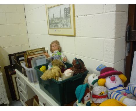 A LARGE QUANTITY OF VARIOUS PICTURES, including a Lowry print and two boxes of dolls and soft toys