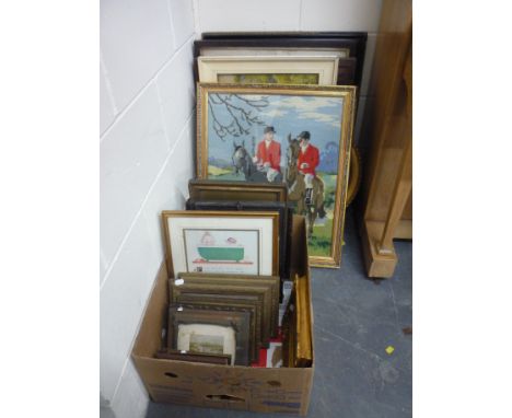 A PAIR OF OAK FRAMED HUNTING PRINTS, and various other pictures and frames
