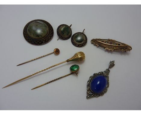 A SMALL COLLECTION OF JEWELLERY, to contain matching moss agate earrings and brooch, with black enamel, three stick pins, a 9