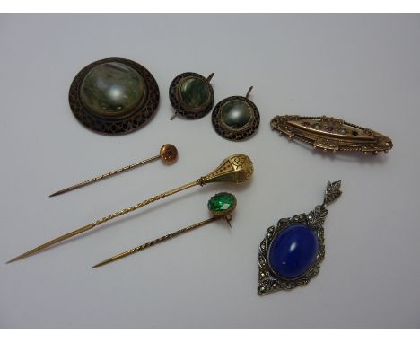 A SMALL COLLECTION OF JEWELLERY, to contain matching moss agate earrings and brooch, with black enamel, three stick pins, a 9