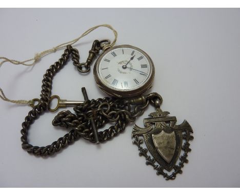 A LADIES SILVER POCKET WATCH, with silver chain, T-bar and shield shape fob