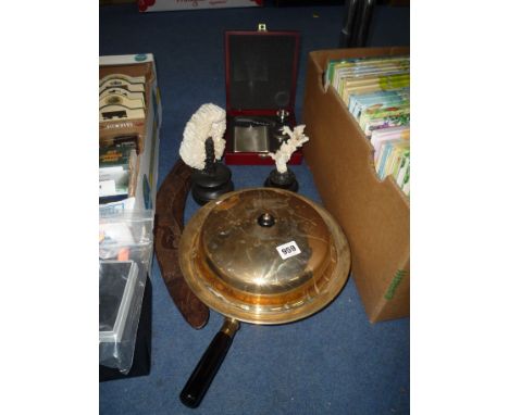 A PLATED SERVING DISH, a boomerang, cased hip flask and two fossils