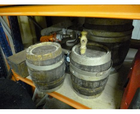 TWO METAL TOOL BOXES, with contents, three various coopered barrels, scales etc