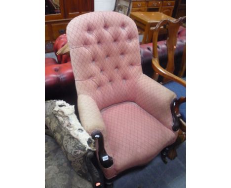 A 19TH CENTURY MAHOGANY FRAMED BUTTON BACK ARMCHAIR, (in need of restoration)