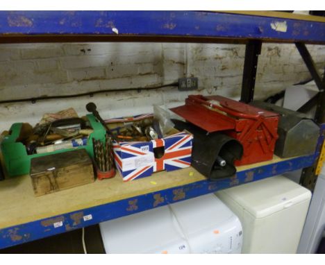 TWO BOXES, and two metal tool boxes containing a quantity of hand tools etc