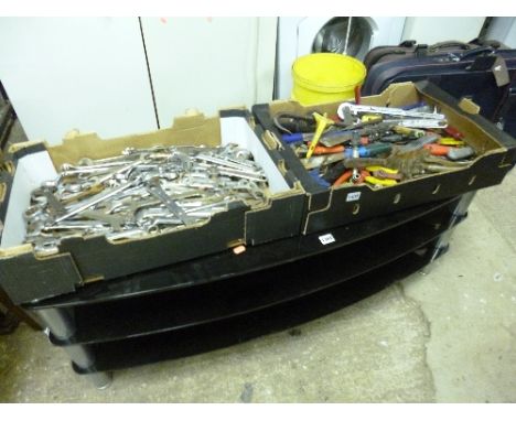 TWO BOXES OF HAND TOOLS, including spanners etc