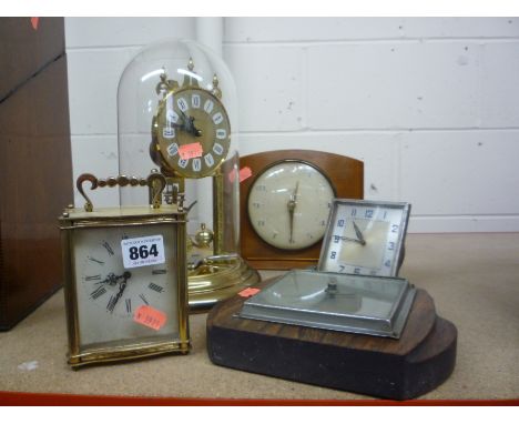 FOUR VARIOUS CLOCKS AND A BAROMETER, (5)