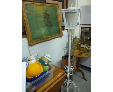 A WHITE PAINTED LANTERN, on stand and a gilt framed picture of a ship (2)