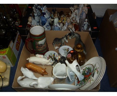 TWO BOXES OF ORNAMENTS, PLATES, etc, to include Beswick Boar Ch. 'Wall Champion Boy 53rd', Royal Doulton Pig (seconds), Nao g