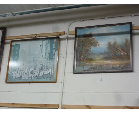 A MODERN OIL, cottage scene, Lowry print and eleven other various pictures (13)