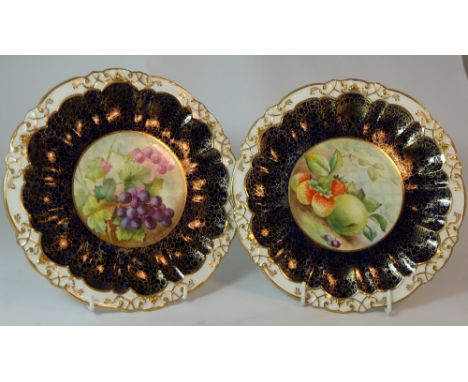 Pair Hammersley & Co gilded cabinets plates hand painted with Fruit & Berries, diameter 22cm  (2)
