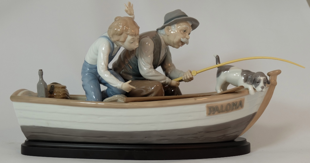 Lladro large figure Grandpa & Boy on boat fishing " Fishing with Gramps",on wood plinth. length 4