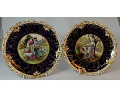 Pair Hammersley & Co gilded cabinets plates hand painted and transfer with Woman attending sheep and Woman with scythe in for