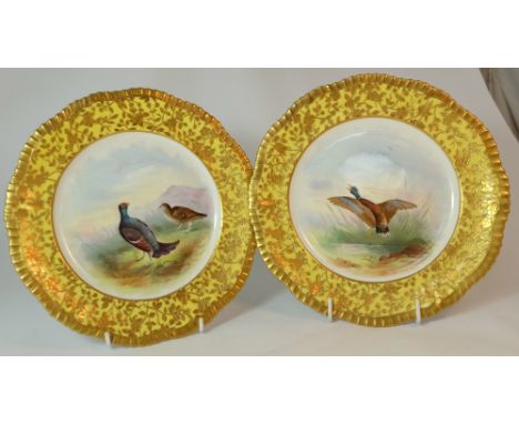 Pair Hammersley & Co gilded cabinets plates hand painted with Game birds and signed Wray , diameter 24cn  (2)