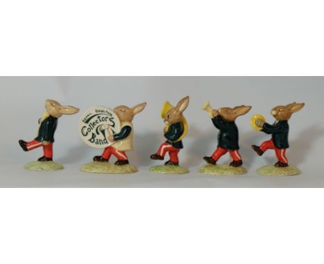Royal Doulton Bunnkins Green Band set comprising Drummer DB108, Drum Major DB109, Cymbal DB107, Trumpeter DB106 and Sousaphon