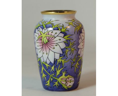 Moorcroft miniature enamel vase decorated with flowers, signed Racheal bishop, height 7cm