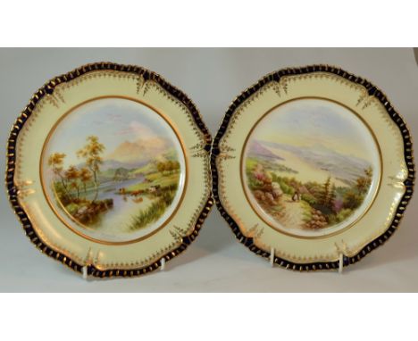 Pair Hammersley & Co gilded cabinets plates hand painted Lake Coniston and Rydal Water dated 1909 by Savage, diameter 24cn  (