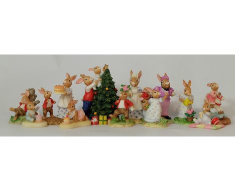 A collection Royal Doulton resin Bunnykins figures comprising Mrs Bunnykins & Billy DBR13, A busy shop DBR7,Birthday boy DBR1