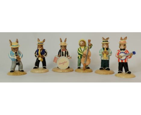Royal Doulton Bunnkins Jaz Band collection comprising Drummer DB250 Banjo DB182, Double Bass DB185,Saxaphone DB186 Trumpeter 