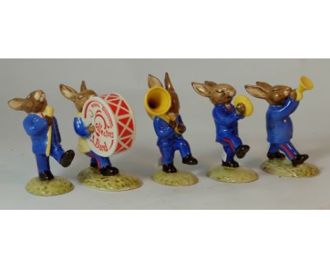 Royal Doulton Bunnkins Blue Band set comprising Drummer DB89, Drum Major DB90, Cymbal DB88, Trumpeter DB87 and Sousaphone DB8