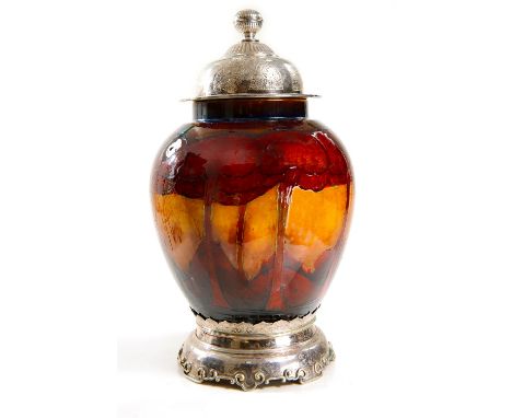 A Important William Moorcroft Flambe Eventide Landscape Exhibition Vase with silver plated stand & cover, signed William Moor