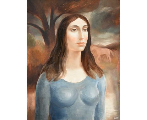 Peter W. Rogers (b.1933)A young lady standing before a dreamlike landscapeInitialled and dated (19)91, oil on canvas, 90cm by