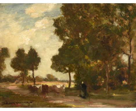 Owen Bowen ROI, PRCamA (1873-1967) Herdswoman droving the cows (1911) Signed, with artist's label verso, oil on canvas, 35cm 