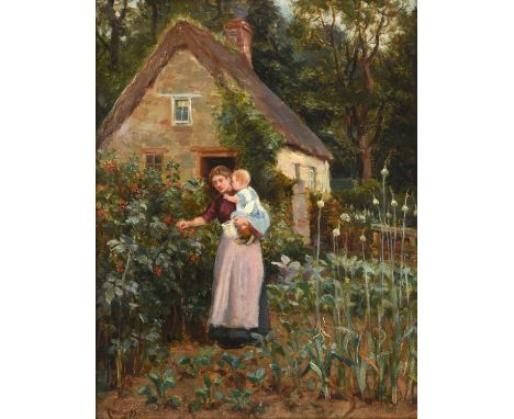 Ralph Hedley (1848-1913)Raspberry picking in a cottage garden Signed and dated (18)99, oil on canvas, 44.5cm by 34.5cmOn orig