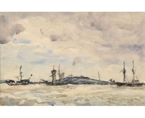 Frederick (Fred) William Mayor IS (1865-1916)Shipping off a coastSigned, mixed media, 24.5cm by 37.5cmProvenance: The Mayor F