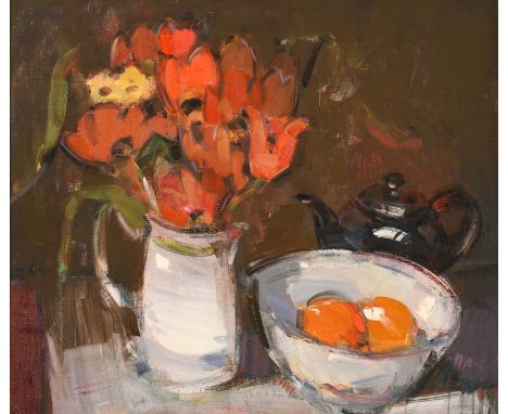 Gordon Bryce RSA, RSW (b.1943) “Tulips and Black Teapot” Signed and inscribed verso, oil on canvas, 58cm by 68.5cmExhibited: 
