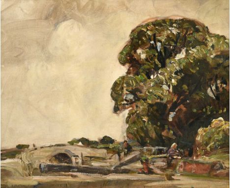 Frederick (Fred) William Mayor IS (1865-1916) Figure at rest beside a bridge Oil on canvas, 51cm by 62.5cmRelined, cleaned an