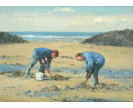 Richard Marshall (1944-2006)  “Bait Diggers at Staithes” Signed, oil on board, 21.5cm by 30cmExhibited: TB and R Jordan "A Ce