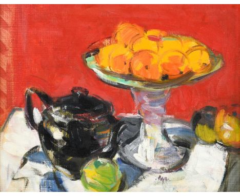 Gordon Bryce RSA, RSW (b.1943) “Oranges with Black Teapot” Signed, inscribed verso, oil on canvas, 37cm by 47.5cm Provenance: