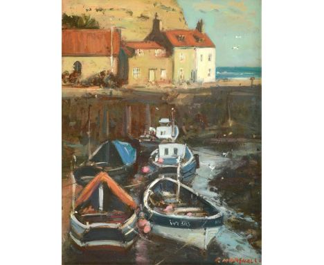 Richard Marshall (1944-2006)Staithes - Moored fishing boats in Staithes HarbourSigned, oil on board, 33cm by 25cmExhibited: T