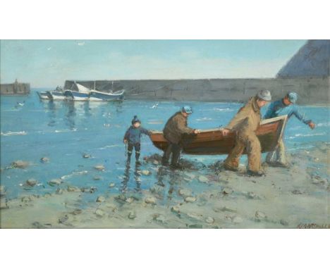 Richard Marshall (1944-2006) Bringing in the rowing boatSigned, oil on board, 28.5cm by 49cmExhibited: TB and R Jordan "A Cen