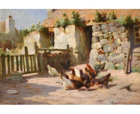 Robert Russell MacNee RGI (1880-1952) Scottish  Poultry in a sunlit farmyard Signed, indistinctly dated?, oil on canvas board