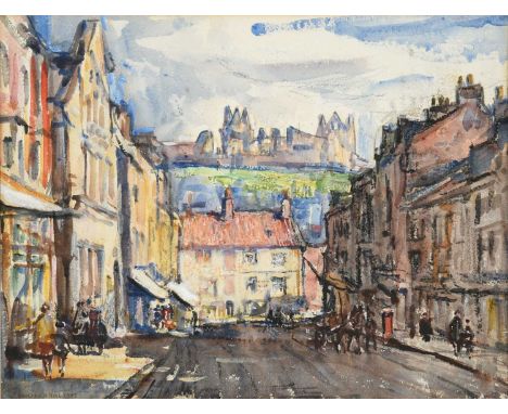 Rowland Henry Hill (1873-1952) A view of Whitby Abbey from the streets below Signed and dated 1929, mixed media, 25.5cm by 33