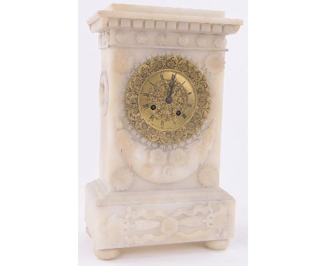 A 19th century relief carved alabaster cased mantel clock,with cast ormolu dial, height 33cm.