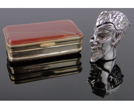 A silver Devil design vesta case,marked 925, height 4cm and a gilt metal snuff box with agate top and bottom, length 6cm, (2)