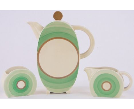A Clarice Cliff 3-piece teaset,with painted geometric design, teapot height 20cm.