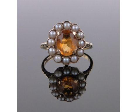 A 9ct gold citrine and pearl cluster ring,setting height 15mm, size N.