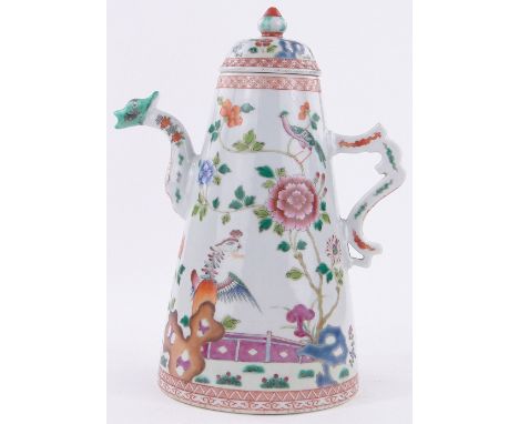 A Chinese Famille Rose porcelain teapot,of tapered circular form with painted enamelled exotic birds and flowers and mask dec