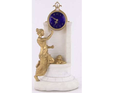 A 19th century French alabaster and gilt metal cased mantel clock,surmounted by Classical woman and cherub, blue enamel and g