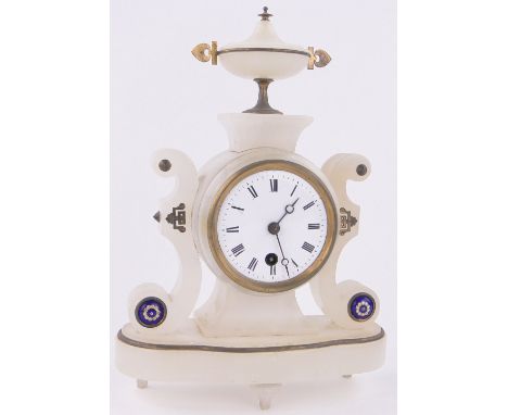 A 19th century French alabaster scroll cased mantel clock surmounted by an urn,height 29cm.